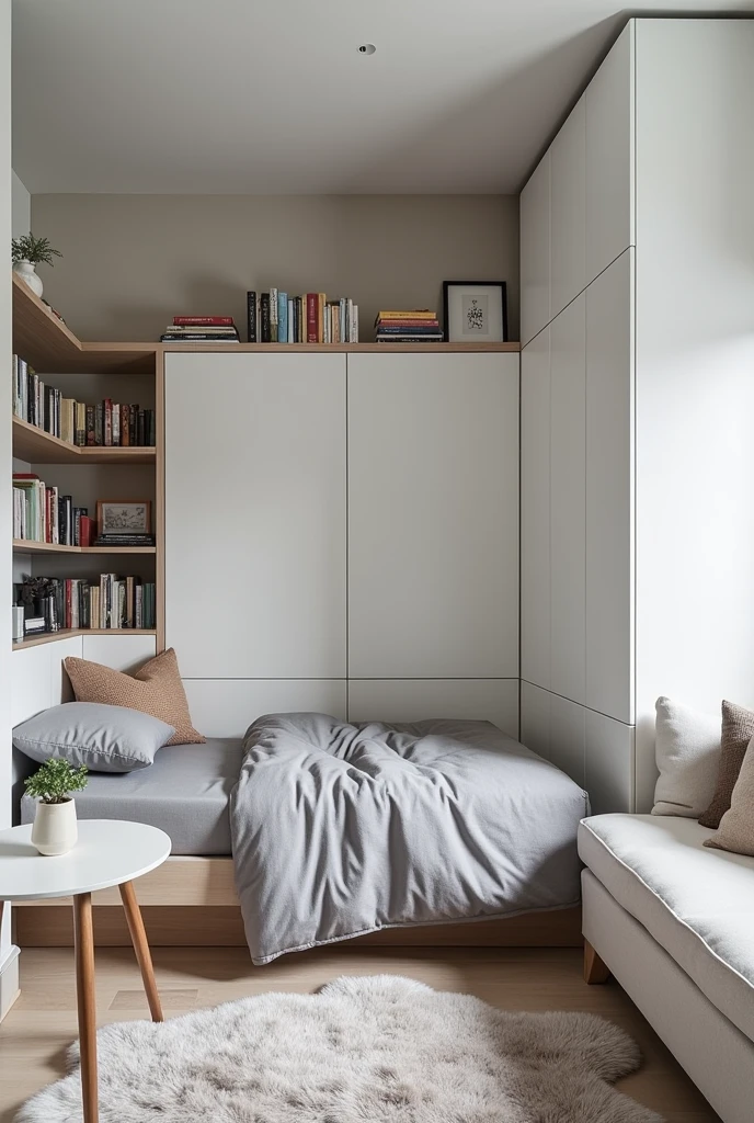 Single room with bed,closet,bookshelf,fur carpet,teble with single sofa,kitchen cabinet.all gray and white
