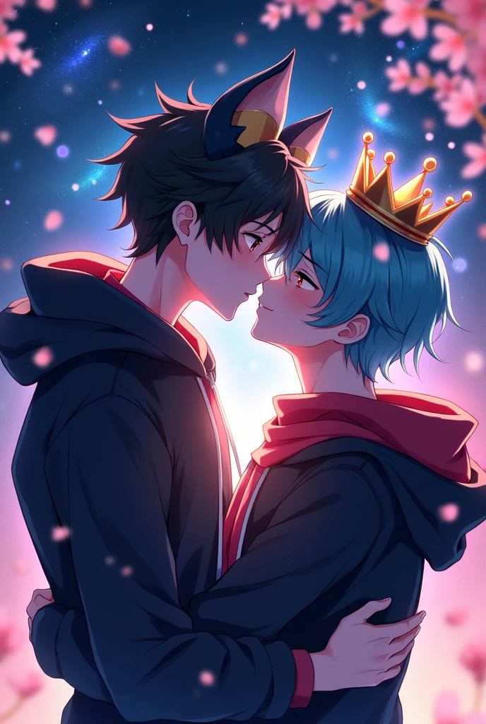 Create an anime style image, of two 19 year old boys, One wears a black hoodie,his hair is black and he has two black bat wings on his head! The other wears a black hoodie with a red scarf, his hair is cyan and he wears a crown! (The two are kissing)