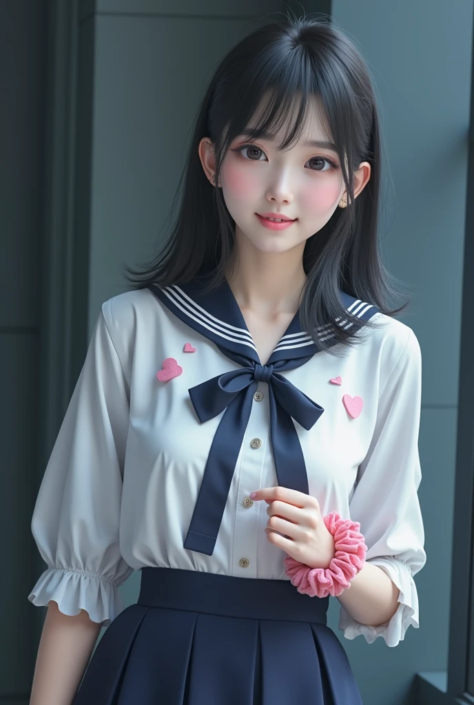 (Absurd:1.3), (High resolution:1.3), (Very detailedな:1.3),(One person:1.3), (Very detailed CG ユニティ 8k 壁紙:1.3), (Detailed skin texture, Detailed cloth texture, Detailed hair texture), (Beautifully detailed face, Supermodel, Pale skin, Realistic glistening skin), (RAW Photos, Highest quality), (Realistic, photo-Realistic:1.4), masterpiece, Very delicate and beautiful,wonderful, In detail, Very detailed CG ユニティ 8k 壁紙, Large file size, Very detailed, High resolution, Absurd, Soft Light,Rim Light, Sharp details, Hotel Rooms, Straight hair, Large Breasts, Black hair color, Big Natural Color Lip, (Perfect figure), Beautiful legs, break (White Theme:1.4), (Tucked-out short-sleeved white polo shirt:1.4), (Pink line on the outline of the top:1.3), (Pure White Pleated Mini Skirt:1.3), (The hem of the top covers the upper half of the skirt:1.3), (Pink fluffy scrunchie on wrist:1.3), (White and pink sports shoes:1.2), Crying a little、A small smile, Harajuku Style、20-year-old girl、Cute type、flat、Are standing