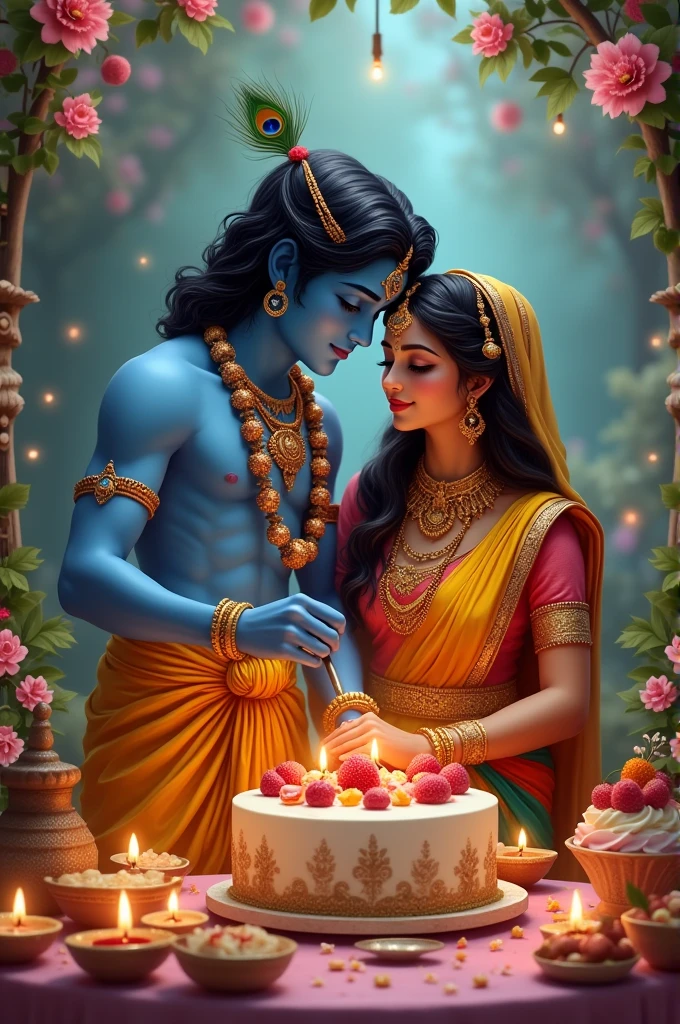 Krishna and Radha celebrate Krishna's birthday by cutting a cake