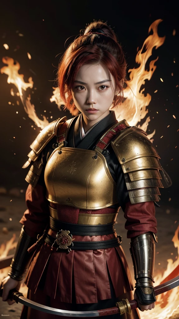 A young female samurai with short red hair and red eyes, wearing red Japanese armor, holding a katana, set in a battlefield with flames. Photo realistic, 8K quality, masterpiece, high resolution, high quality.