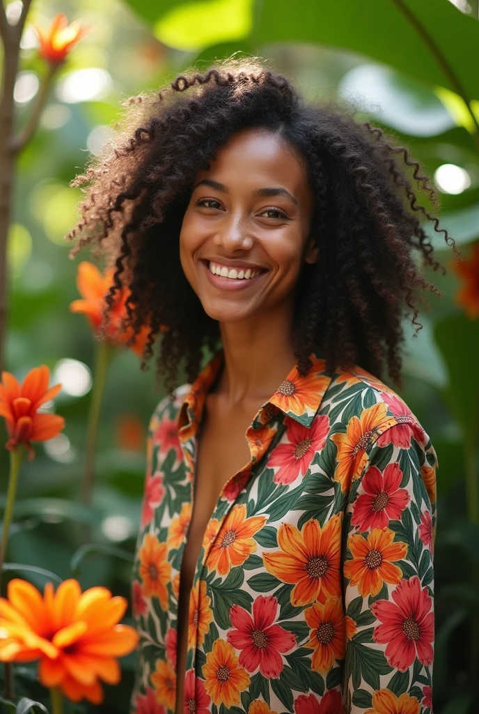 A Brazilian woman in a lush tropical garden, wearing an open shirt with a floral print, with a close-up capturing the harmonious beauty between her breasts and the natural flowers, showing off your natural charm and outgoing personality.