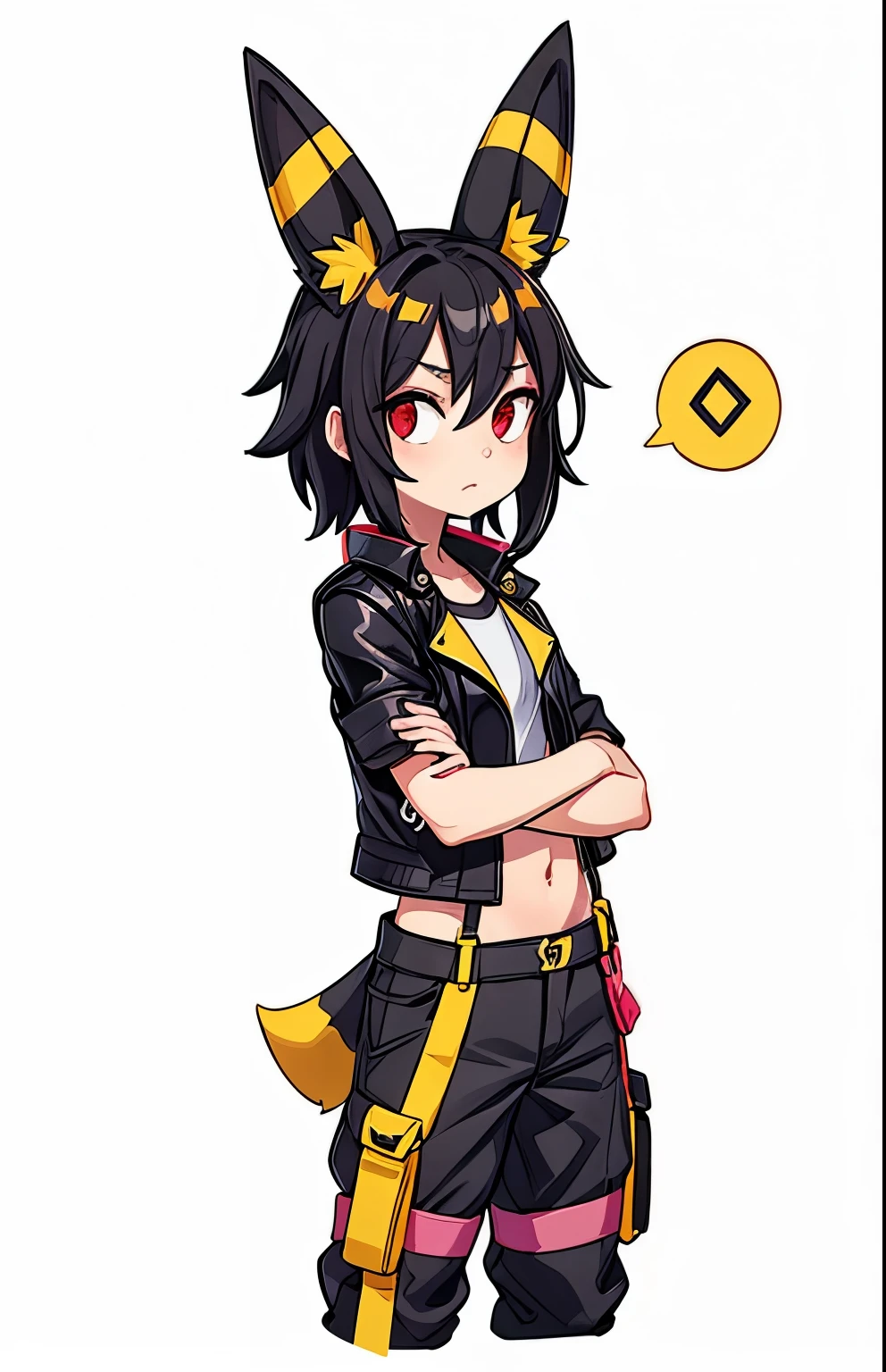 Open black leather jacket, pink top down to the navel, black cargo pantswith yellow stripes on the sides and yellow suspenders hanging down, Umbreon Ears, red eyes, black hair 