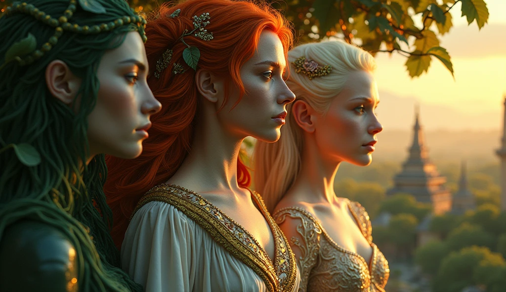 a closeup portrait, A captivating and dynamic thumbnail featuring a group of mythological beings, each representing different divine and mystical characteristics. One divine being has radiant, glowing skin with dark horror wings, symbolizing purity and light. Another has fiery red hair with eyes like burning embers, representing passion and power. A third being has lush green vines intertwined with their body, symbolizing nature and fertility, standing gracefully beside a sacred tree. The fourth figure has a celestial aura, with a halo of stars and moonlight, representing wisdom and the cosmos. The background shows a mystical landscape with ancient temples, dense forests, and a golden sky at dusk. The image should be highly detailed, with a vibrant color palette, capturing the essence of ancient mythology and divine beauty.