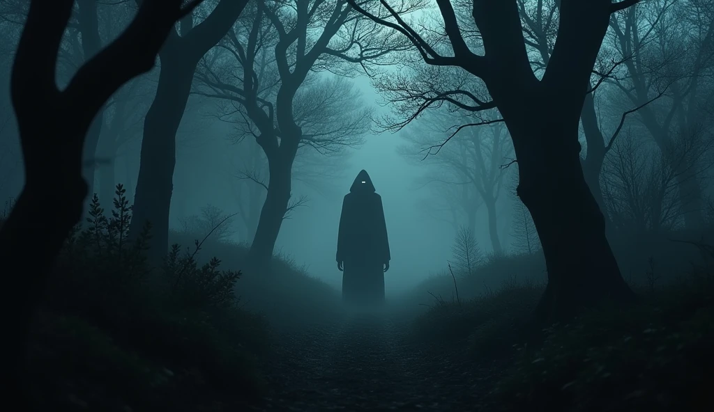 "A dark, eerie forest with a shadowy figure resembling Herobrine lurking in the background, faintly glowing eyes visible, ar 16:9"