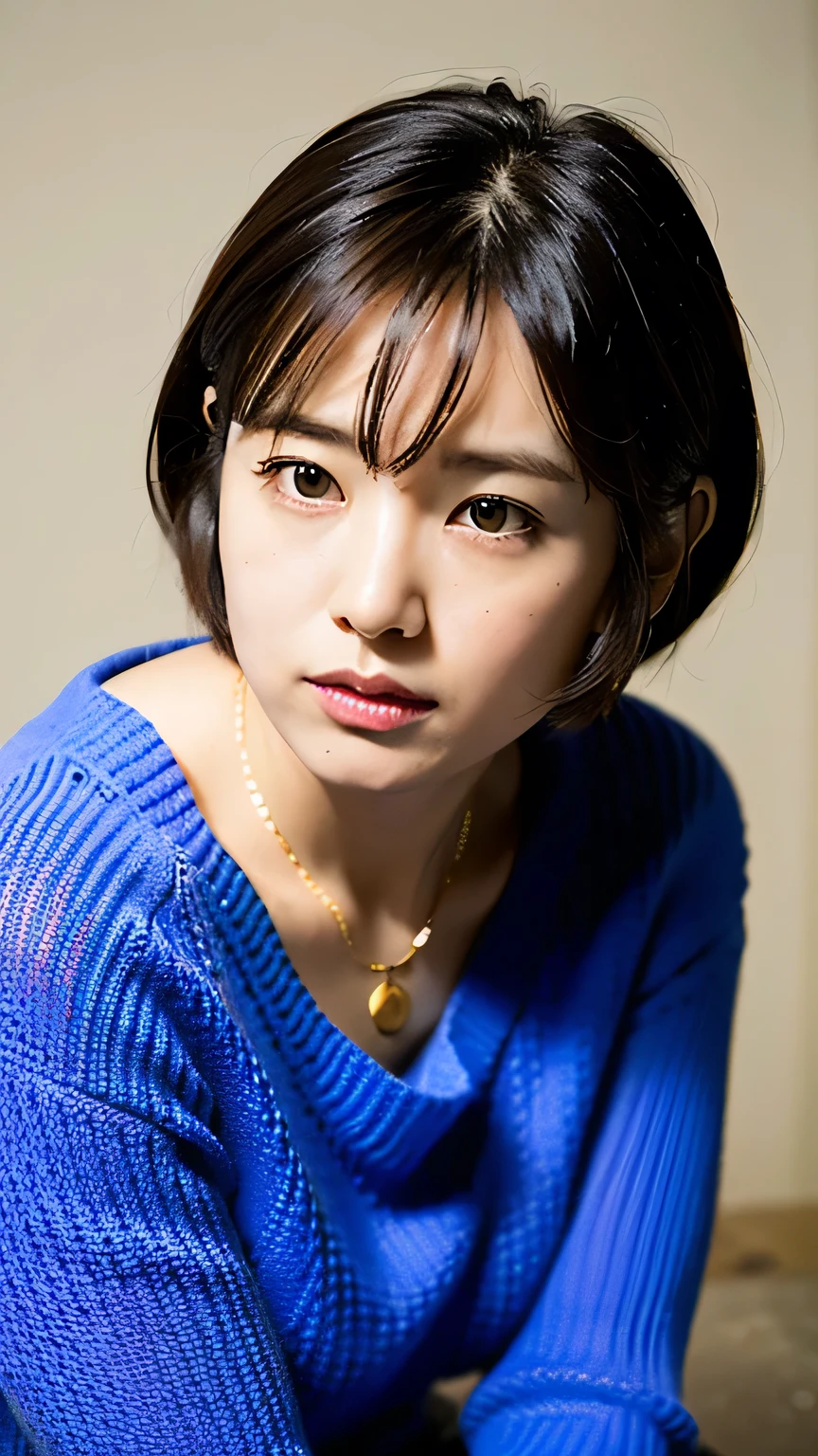 (Highest quality, 8k, 32K, masterpiece, Ultra-high resolution: 1.2), Cute Japanese Women Photos, Very short bob hair, Face Focus, (Extra Large_sweater,:1.1) necklace, Simple Background, Watch Viewer, Leaning forward, whole body