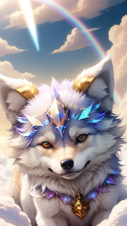 god々Cute little wolf animal、Iridescent aura,Looking into the camera、Look at this、Background gold、Floating in the clouds