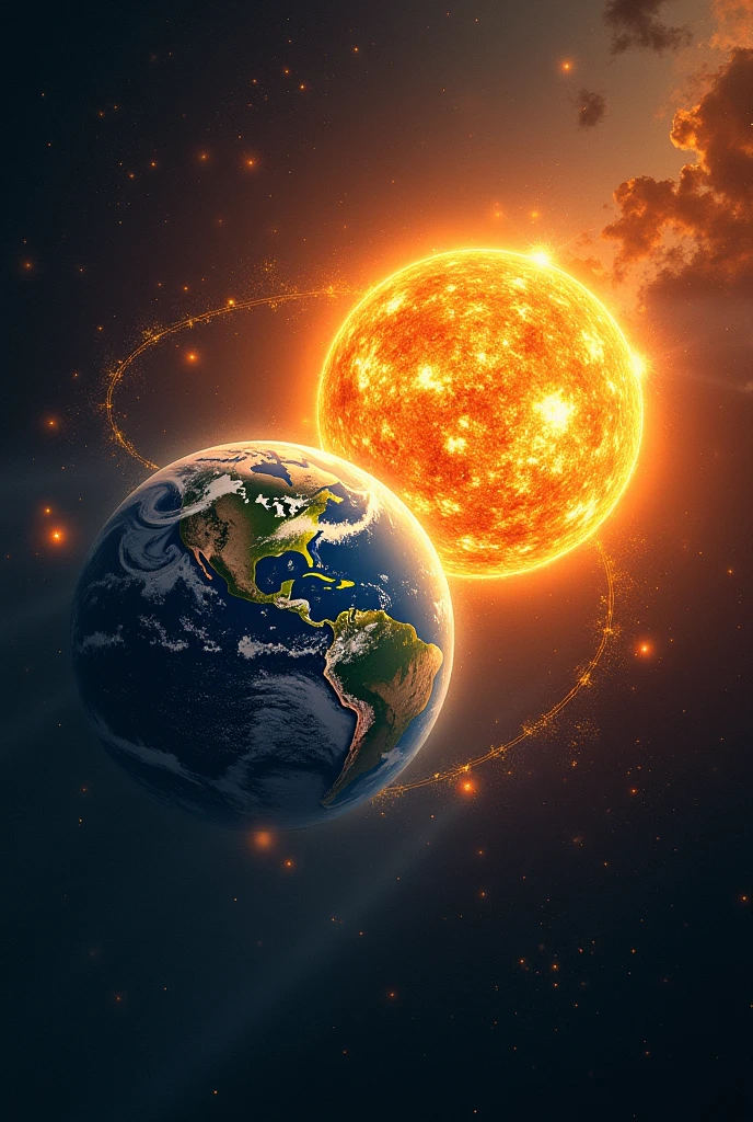 Cosmic Connection:
A depiction of the Earth and Sun, with an overlay showing the distance between them as 108 times the Sun's diameter. The image should have a celestial and mystical aura, with a focus on the number 108 in the cosmos.