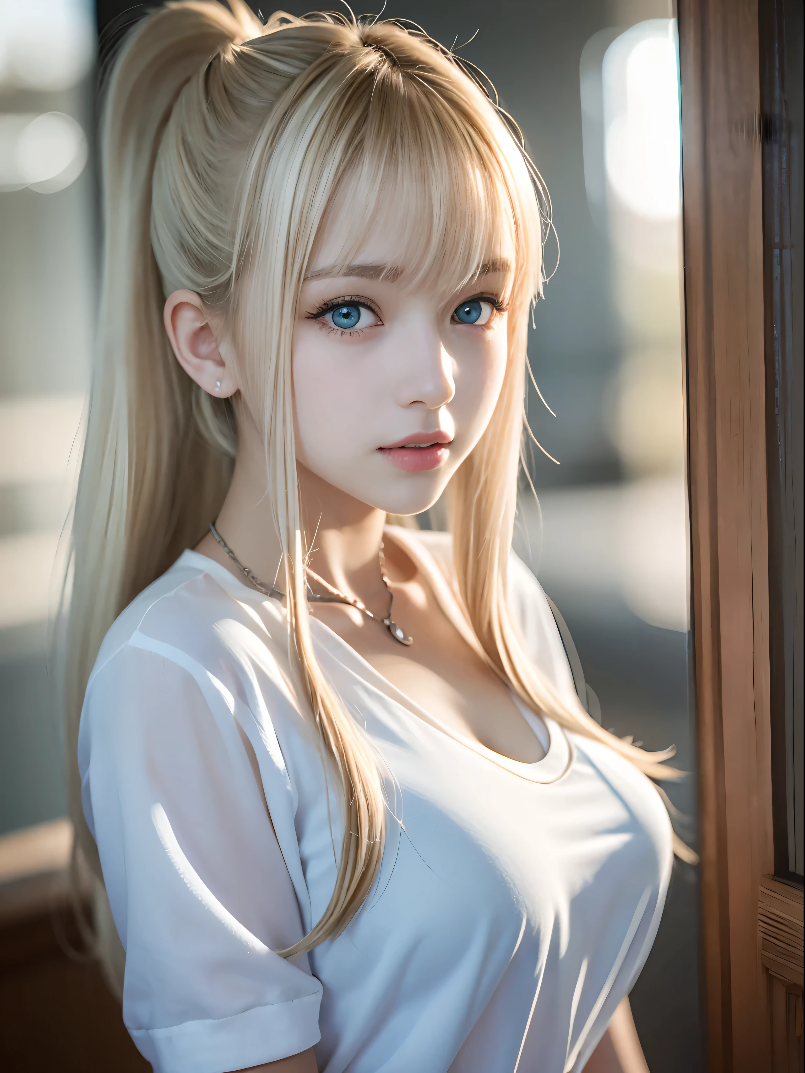 Portrait、School uniforms、Bright expression、ponytail、Younger, brighter, whiter skin、Best Looks、Blonde reflection、Platinum blonde hair with dazzling highlights、Shiny bright hair,、Super long, silky straight hair、Shiny beautiful bangs、Sparkling, clear, attractive big blue eyes、A very beautiful, lovely and cute 16 year old girl、Ample breasts