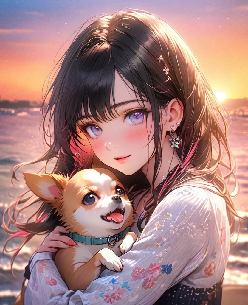 8k,Ephemeral beauty,Very delicate and beautiful,Beautiful and realistic skin,,Black Hair、Long and colorful hair,Beautiful Eyes,good,Beautiful sunset、dog(Chihuahua)hug、dogクリーム色、浜辺をdogと散歩、casual、