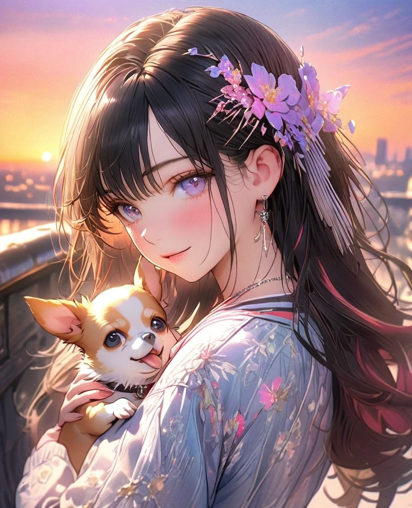 8k,Ephemeral beauty,Very delicate and beautiful,Beautiful and realistic skin,,Black Hair、Long and colorful hair,Beautiful Eyes,good,Beautiful sunset、dog(Chihuahua)hug、dogクリーム色、浜辺をdogと散歩、casual、