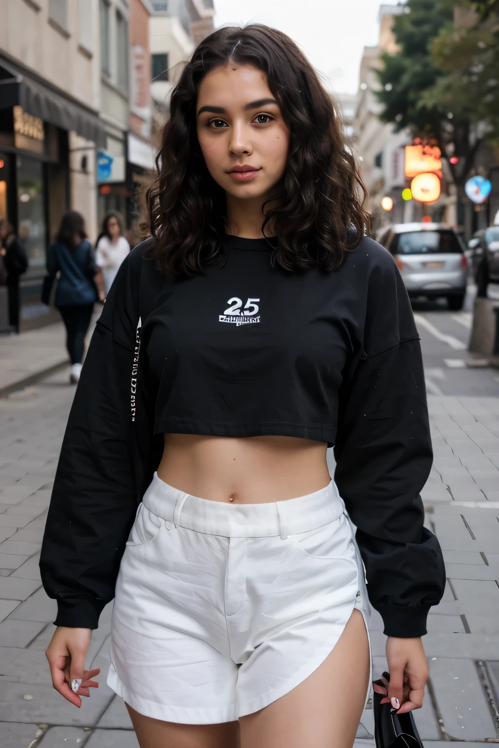 young black girl aged 25 pretty shapes curly hair  in street wear