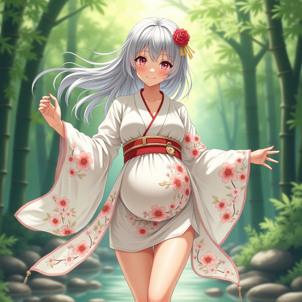 Anime Style Brown skin Silver Hair Young face low length Big Breasts Last month of pregnancy Elf See-through White SakuraFubuki embroidery yukata Clothing firmament bamboo forest Legs spread dance