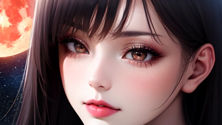 1girl, beautiful face, ((white eyes)), sexy pose, Red moon in the background, stars, space, (lightroom:1.13), soft light, (natural skin texture:1.2), (hyperrealism:1.2), sharp focus, focused,[[realistic]]