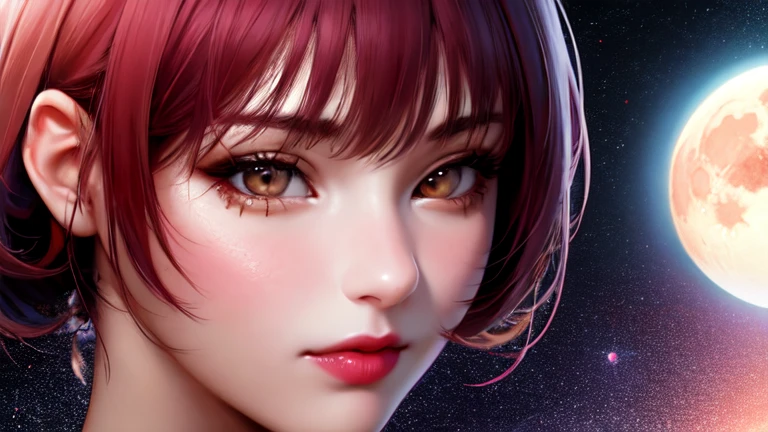 1girl, beautiful face, ((white eyes)), sexy pose, Red moon in the background, stars, space, (lightroom:1.13), soft light, (natural skin texture:1.2), (hyperrealism:1.2), sharp focus, focused,[[realistic]]