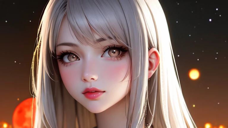 1girl, beautiful face, ((white eyes)), sexy pose, Red moon in the background, stars, space, (lightroom:1.13), soft light, (natural skin texture:1.2), (hyperrealism:1.2), sharp focus, focused,[[realistic]]