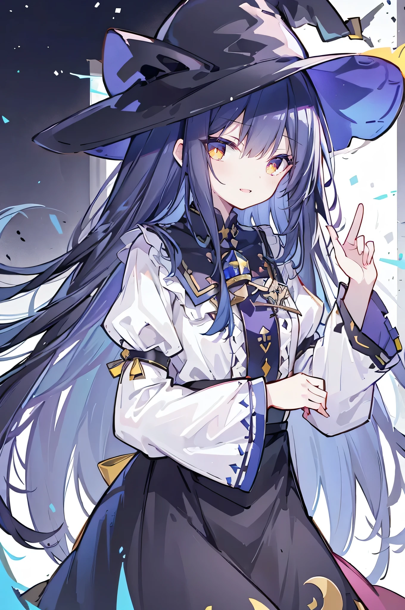 oung Girls,Humanity,A magician always smiles,big witch hat,cute,dark blue long hair,The eyes are dull,The bangs are heavy,Thin eyebrows,fantasy,intake,Double teeth,Star Theme,Constellation pattern,Solid color clothetal decoration,cloak,A bit of a dark atmosphere,A little crazy smile,When the big moon shines outside at night,blood,Hair black star embellishment,Short tie,No nails,High waist skirt,Bell sleeves,Long-sleeved shirt,Black tie,low risk,gentlemen。Mist、Yellow and white effect,Shocking pink as an accent color