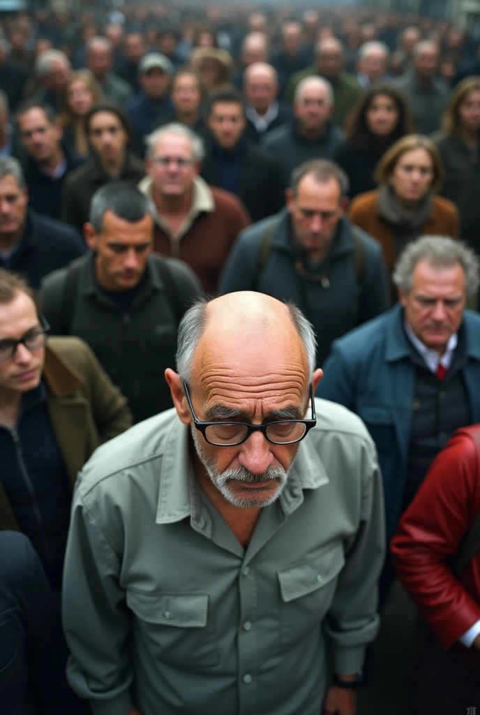 overhead image of a man, calvo, wearing sixty-year-old glasses, apparently frustrated in the middle of the crowd that shows fatigue and the phrase: you don't play alone.