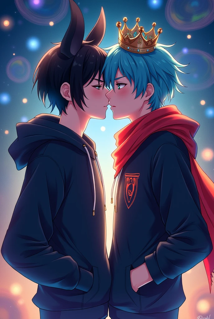 Create an anime style image, of two 19 year old boys, One wears a black hoodie,his hair is black and he has two black bat wings on his head! The other wears a black hoodie with a red scarf, his hair is cyan and he wears a crown! (The two are kissing)