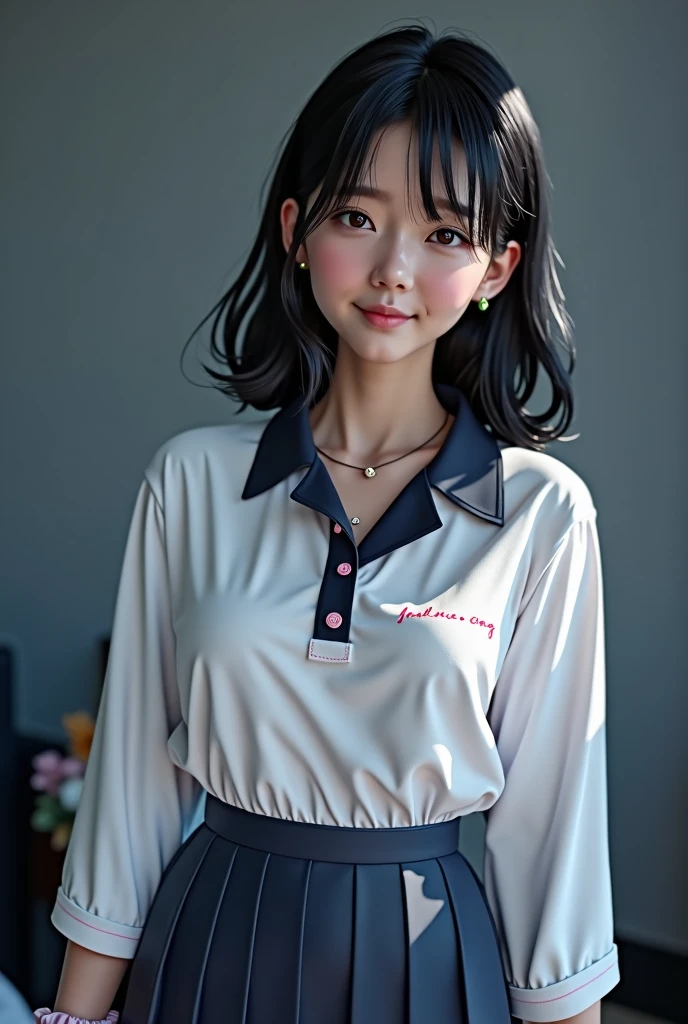 (absurdes:1.3), (High resolution:1.3), (Very detailedな:1.3),(one person:1.3), (Very detailed CG Unity 8k wallpaper:1.3), (Detailed skin texture, Detailed cloth texture, Detailed hair texture), (Beautifully detailed face, supermodel, Pale skin, Realistic glistening skin), (RAW Photos, Highest quality), (Realistic, photo-Realistic:1.4), masterpiece, Very delicate and beautiful,wonderful, In detail, Very detailed CG Unity 8k wallpaper, Large file size, Very detailed, High resolution, absurdes, Soft Light,Rim Light, Sharp details, Hotel Rooms, Straight hair, Large Breasts, Black hair color, Big Natural Color Lip, (Perfect figure), Beautiful legs, BREAK (White Theme:1.4), (Tucked-out short-sleeved white polo shirt:1.4), (Pink line on the outline of the top:1.3), (Pure White Pleated Mini Skirt:1.3), (The hem of the top covers the upper half of the skirt:1.3), (Pink fluffy scrunchie on wrist:1.3), (White and pink sports shoes:1.2), Crying a little、A small smile, Harajuku Style、20-year-old girl、Cute type、flat、Are standing