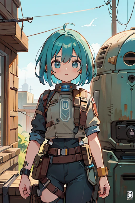 Weathered, A quirky droid girl mechanic with rivets and wires protruding from mismatched metal plates, An ancient mechanical arm decorated with makeshift tools, On his chest is the faded logo of a forgotten company.. This fascinating character concept art is、Digitally painted illustrations showcasing intricate detail and vibrant colors.。. This image is unusual, Experienced craftsman in a post-apocalyptic world, The film invites viewers into a sci-fi story filled with nostalgia and innovation..