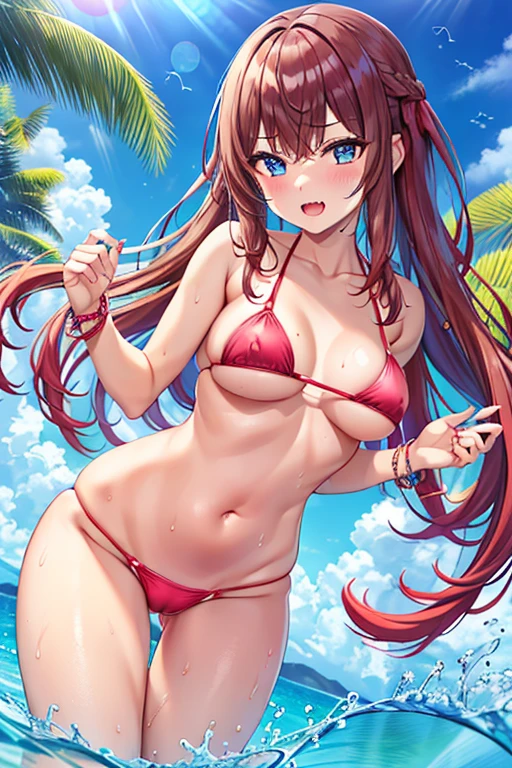 Fangs,The best quality, High Resolutions, ultra detailed,. To feel, bikini, swimsuit, old, bikini, Long hair, only, old medianos, brown hair neckline, violet bikini, belly button, o ring, pink hair, Fondo de o ring de ojos, Crossed arms, blush, ass visible through thighs, dutch angle, looking at the viewer, chest grip, two tails, o ring top, label, , Thigh gap, o-ring bikini, outdoor, blue eyes pussy focus, wet pussy, Wet panties, red wet eyes