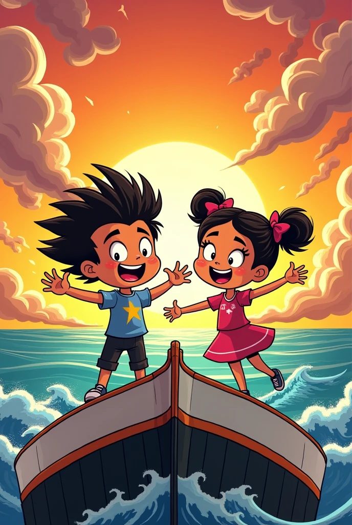 Draw Cebolinha and Monica in their younger versions, in a comic book style, recreating the Titanic scene. 