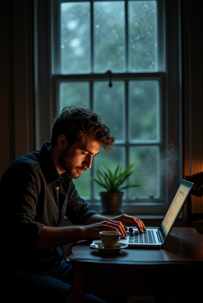 The man hacking website in the room,window,rain,tea