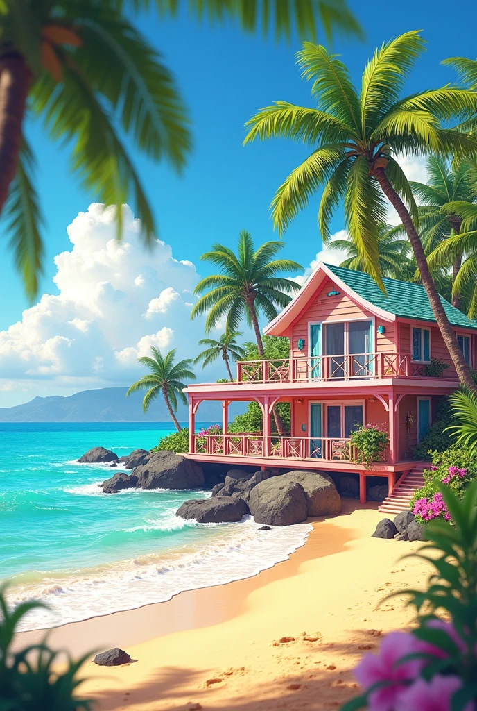 Vaina's house, barbie's house, gyaru's house, littoral house, beach house, traditional island house, outside, traditionnal ISLAND, Hawaii, cute house, hawaii , big house