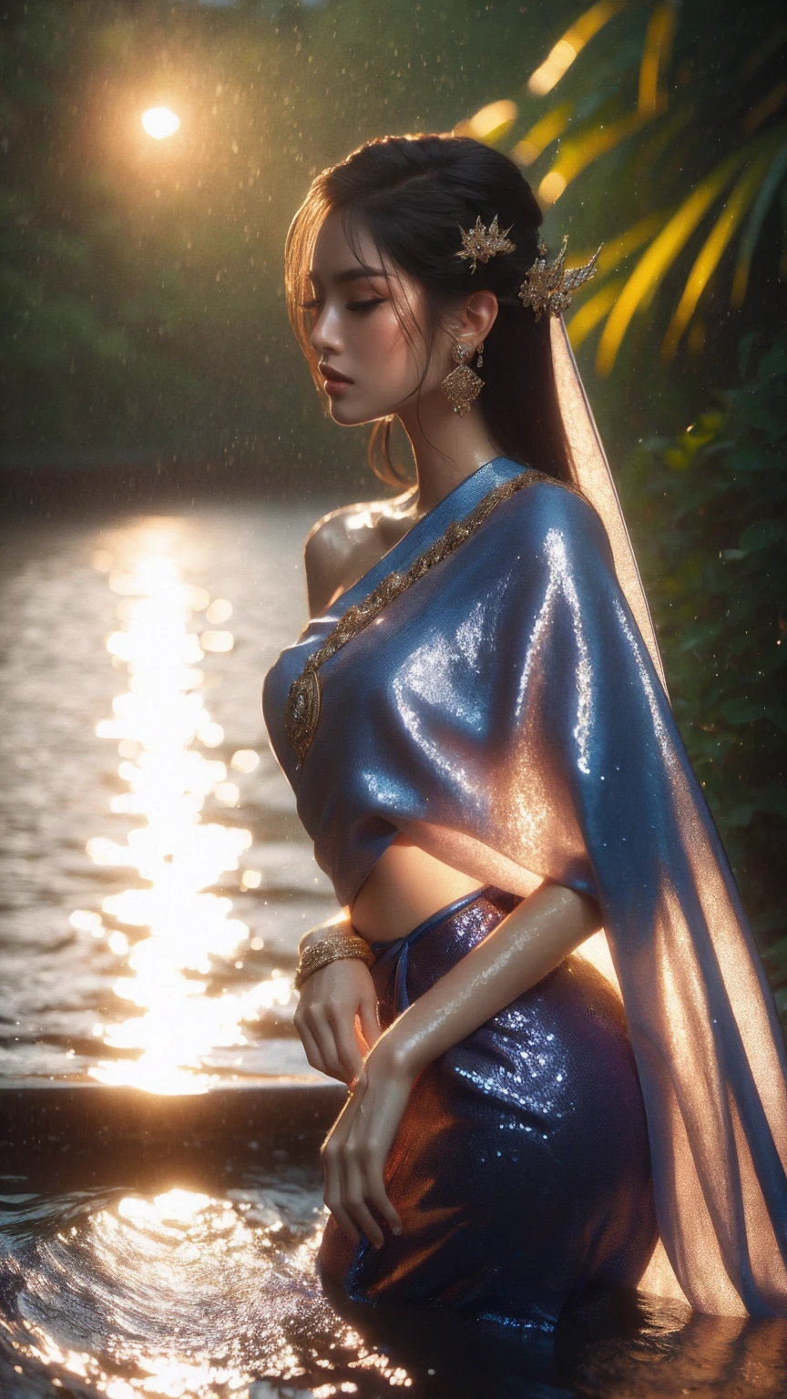 Masterpiece, best quality, 4K resolution, Nixie fired a mysterious close-range shot from the side, A beautiful 19-year-old girl, Thai dress with an open front and side slits, The shimmering sequins of the blue Thai dress reflected the light., Deep blue eyes full of the secrets of the deep galaxy, The water droplets on her skin glittered like diamonds, She looked at the camera., see through, 