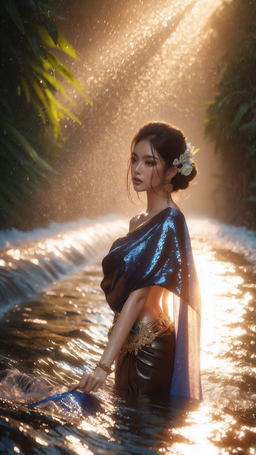 Masterpiece, best quality, 4K resolution, Nixie fired a mysterious close-range shot from the side, A beautiful 19-year-old girl, Thai dress with an open front and side slits, The shimmering sequins of the blue Thai dress reflected the light., Deep blue eyes full of the secrets of the deep galaxy, The water droplets on her skin glittered like diamonds, She looked at the camera., see through, 