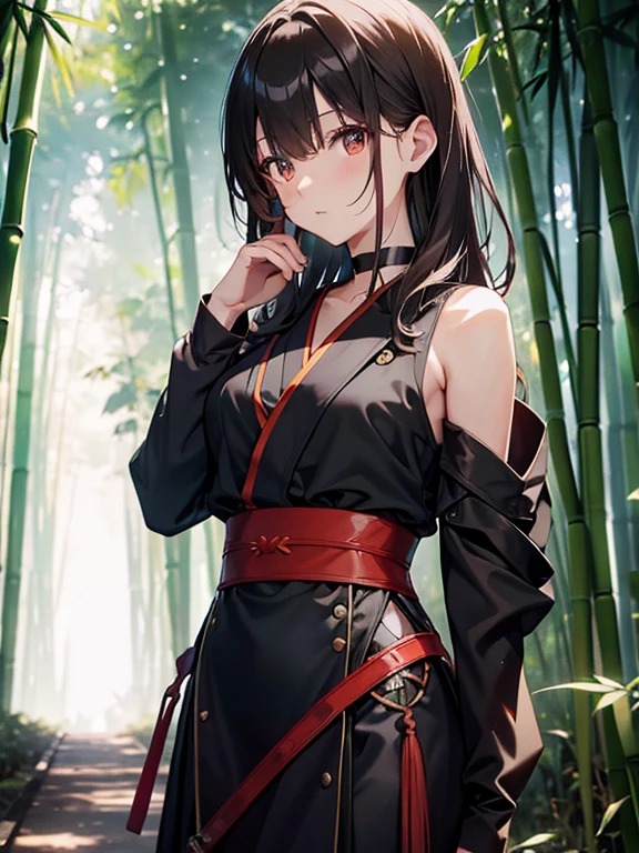 (Bamboo Forest), The background is a bamboo forest, Misaka Mikoto, Fisting, 1girl, black choker, uhd, retina, masterpiece, ccurate, anatomically correct, textured skin, super detail, high details, high quality, best quality, highres, 4K