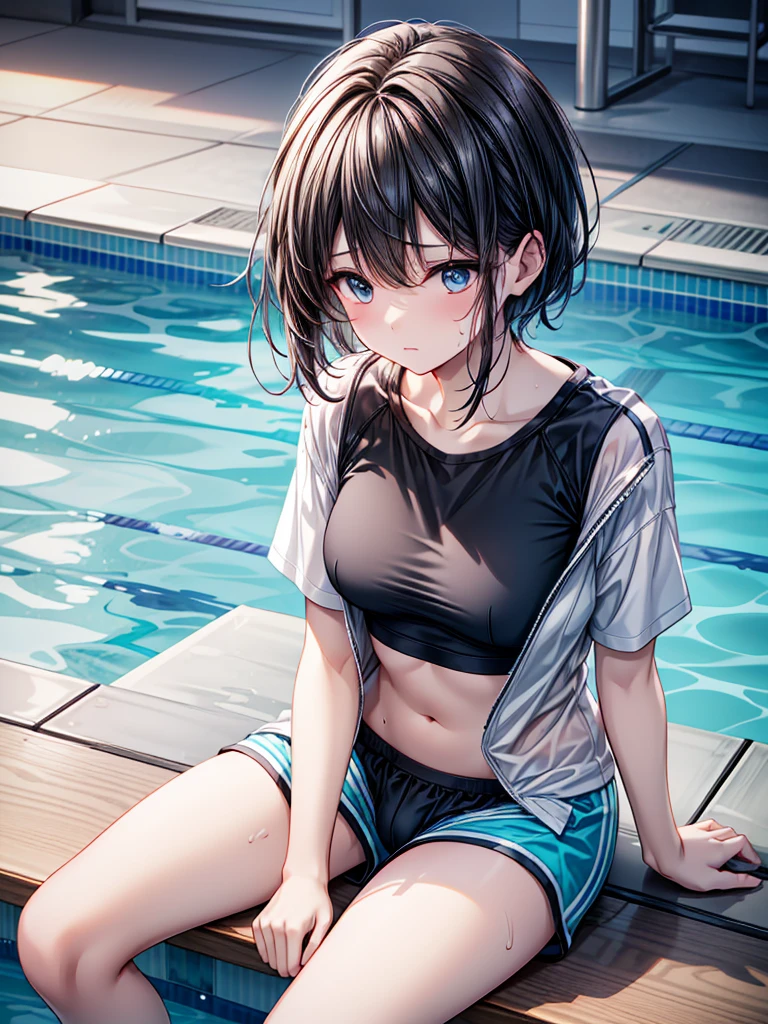 Black Hair Girl、、A loose black band T-shirt、White sports bra、Blue Boxer Shorts、Sitting on a bench in the pool changing room、Sweaty hair、shortness of breath、Fatigue、Realistic texture