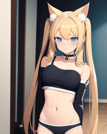 Anime girl with long blond twintails. Cat ears pushed down. With blue eyes. In white underpants, tight-fitting t shirt. Leaning against the wall. (Blush 10) (sweat 5)