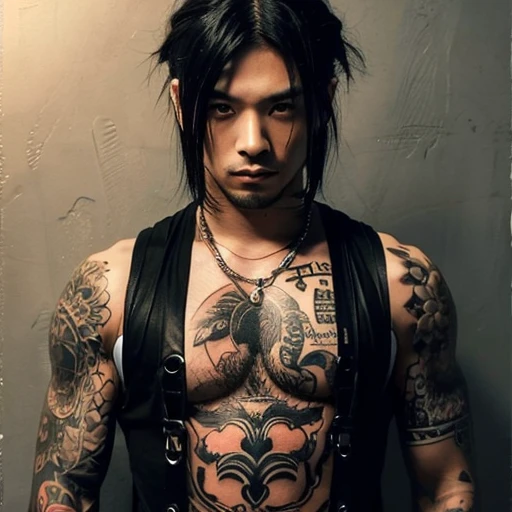 1 man, Japanese man, male, Asian eyes, muscular, broad shoulders, yakuza tattoos, hairstyle Visual Kei style, hair Visual Kei, black men's shirt and black pants, ultra detailed face, hyperrealistic, realistic representation, long hair, long hair, 30 years old, age 30 years, blonde hair, full body view
