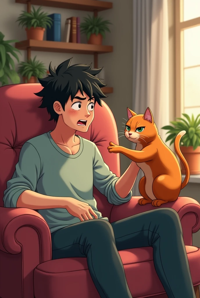 Anime picture of a Man with a cat on his lap. He's trying to pet the cat. The cat isn't letting him pet. It has swift reflexes.