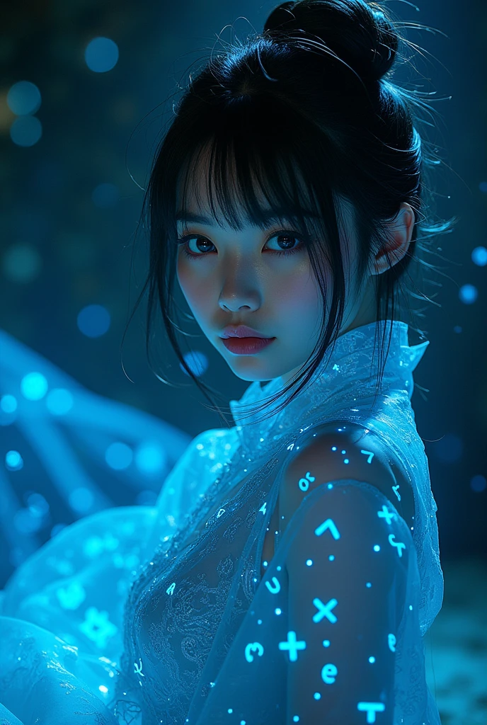 Anime Dunhuang Girl, Wear Dunhuang costumes,Dance to the sky,Glowing blue holographic equations are projected onto skin and clothing.. Strong gaze, Realistic features. Dark background, Cyberpunk aesthetics. Glowing math formulas, Handwriting style. Futuristic, High-tech atmosphere. Photorealistic rendering, Dramatic Lighting, In sharp contrast