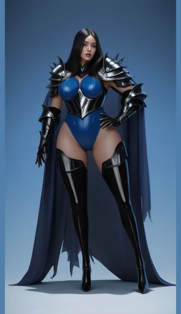 A woman in blue armor and white stockings, stunning details, best quality, panoramic view Full Length Shot(FLS), Front view Full Length Shot(FLS),Front view