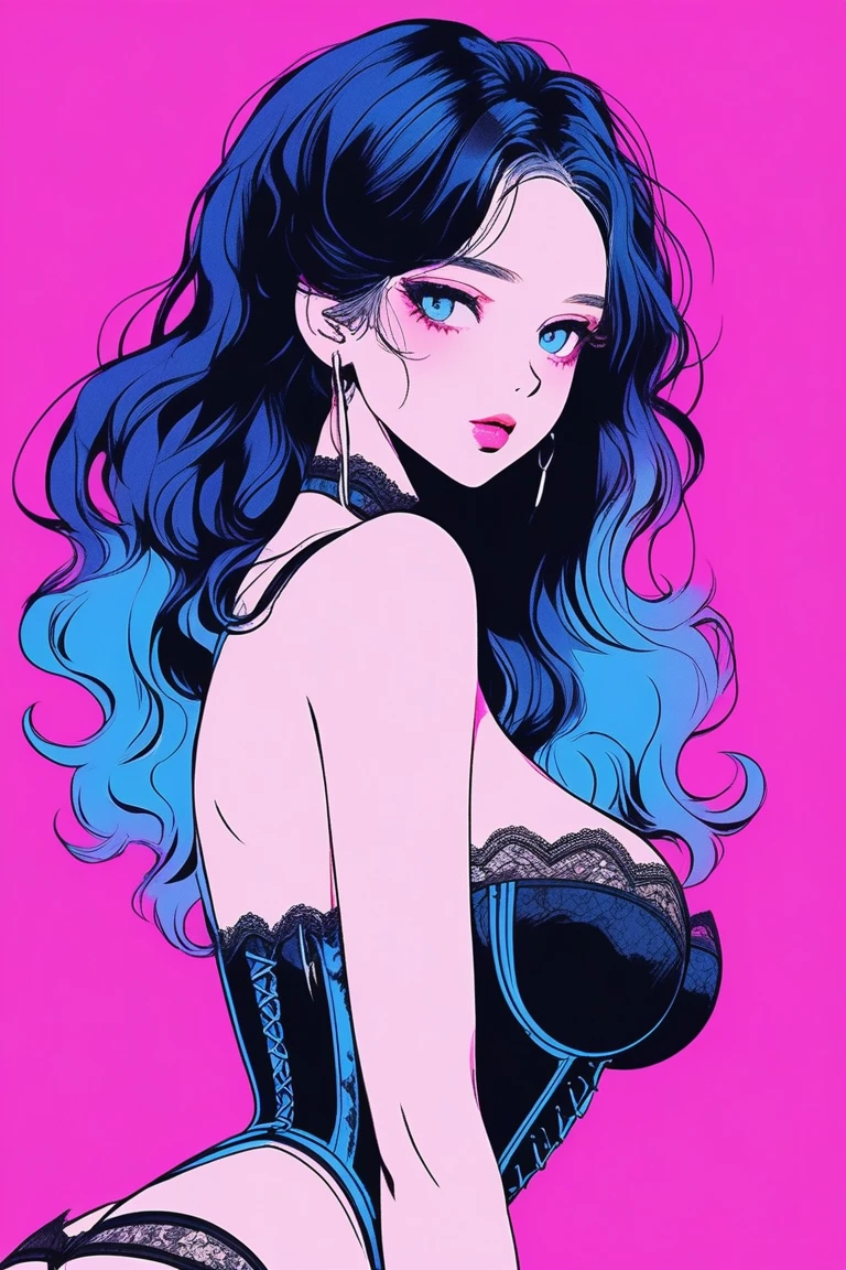 Illustrator, anime , Realistic ,sketch , 1 person, model, Portraiture, lip, She is wearing a black lingerie that looks like a corset, with a strapless design and lots of lace., order, Blue and pink gradient background, Medium length hair in neon colors, Big Breasts, Sexy look, Sexy pose, Texture Trim, Russia, (masterpiece,Highest quality)