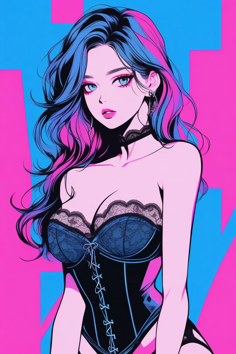Illustrator, anime , Realistic ,sketch , 1 person, model, Portraiture, lip, She is wearing a black lingerie that looks like a corset, with a strapless design and lots of lace., order, Blue and pink gradient background, Medium length hair in neon colors, Big Breasts, Sexy look, Sexy pose, Texture Trim, Russia, (masterpiece,Highest quality)