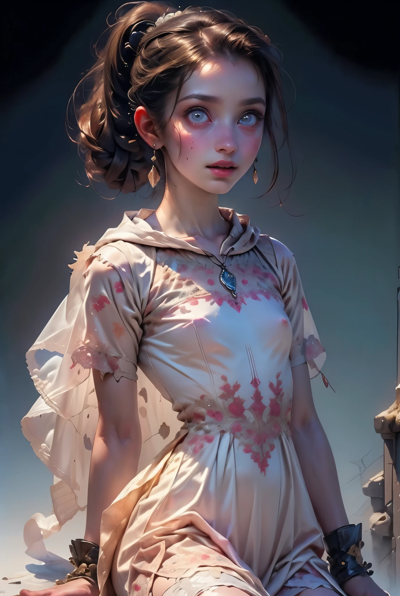 ((best quality)), ((masterpiece)), (detailed), perfect face (((masutepiece, of the highest quality, super detailed))), hand drawn style, hand painted style, watercolour, sketch, a knight, white background, plain background, Bloodborne inspired, tatty Bloodborne attire, occult aesthetic, occult, tatty red and white clothing detailed and intricate steampunk and detailed gothic ta (with a hood), long coat, Complex laced boots, Fluttering lace flared long knee length dress with frilly petticoats, long dress, knee length dress, pleated petticoats, loliress, petticoats gothic lolita aetic, beautiful small breasts, (((flat chest:1.1))), (((( Highly detailed face))), small thin nose, Small thin lips mouth, (((Very sharp focused eyes))), Very large slit precision pale grey eyes that shine like jewels. (resolved expression), (resolute expression), ((dark hair)), ((long ponytail, thick ponytail, heavy ponytail)), very long eyelashes, white background, Very dramatic and cinematic lighting, tatty damaged old red and white clothing, full body, whole body, body, cosmic horror, grim dark, (NSFW)