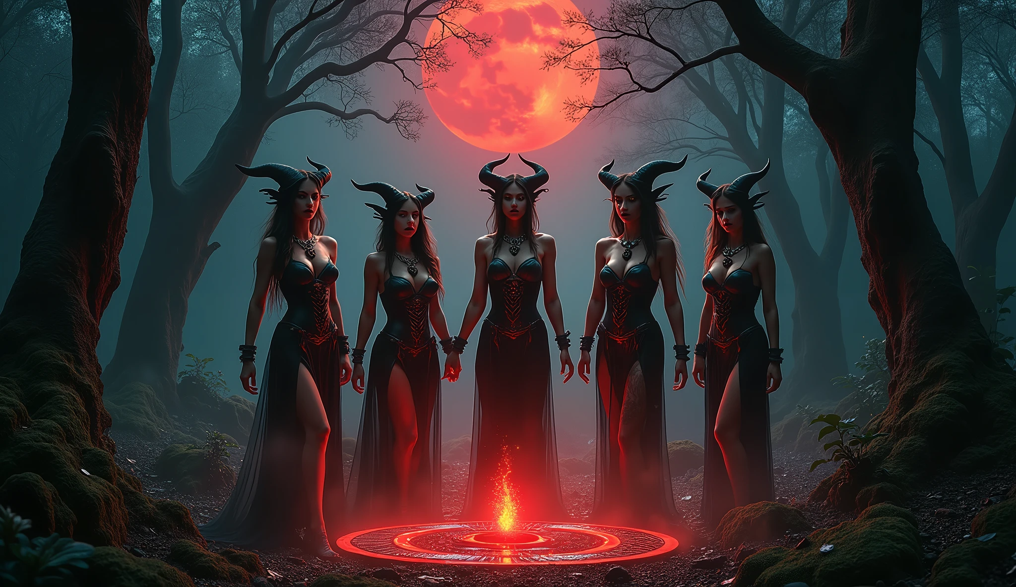 Seductive Demon Coven: A group of beautiful and dangerous female demons gathered around a glowing, enchanted circle in the dead of night. Each demoness, dressed in a mix of dark leather and mystical jewelry, moves gracefully as they perform a forbidden dance. Their eyes burn with a mixture of passion and malevolence as they summon ancient powers under the blood-red moon.