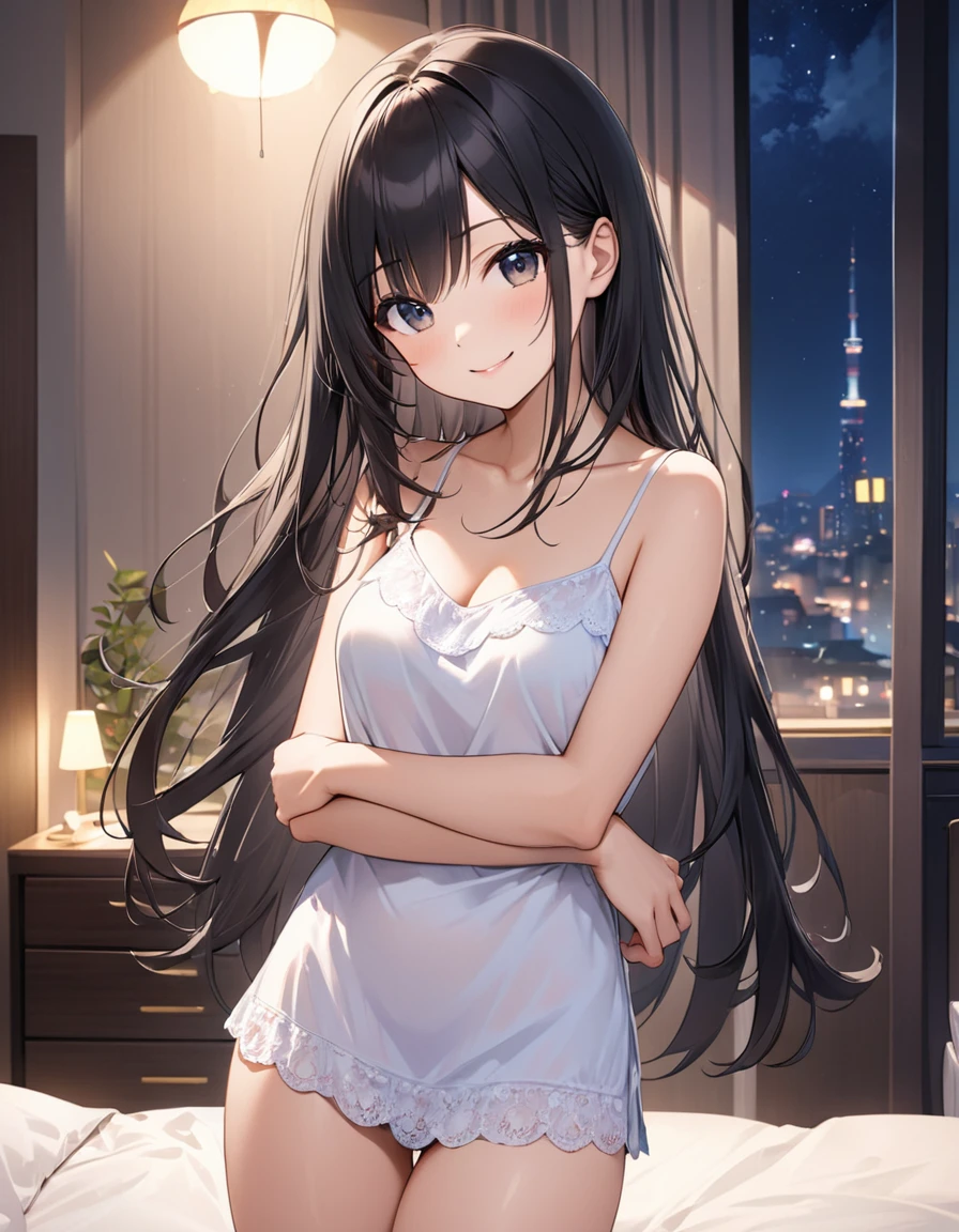 Woman, cute, adorable, smiling, straight hair, long hair, black hair, standing, looking at the camera, from thighs to head, bedroom, night, camisole, Seductive pose
