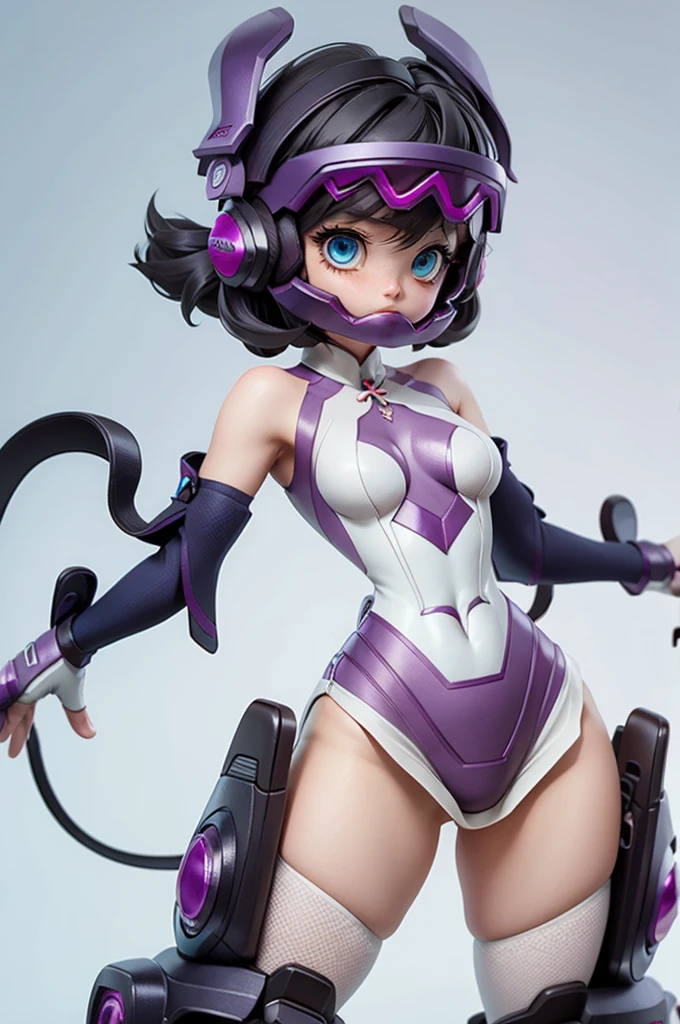 (Highly detailed CG), (Highest quality), One person, Perfect Face,  Glowing Skin, Shiny skin, Wide Hips,Tight waist, KohinataMiku,bangs,mask,Helmet,blue eyes,Removable sleeves,Purple gloves,Bodysuits,leotard,Knee socks Elbow gloves,Exposing shoulders,headgear,One person,Black Hair, short hair, Mind control, Glowing Eyes, Expressionless, , View your viewers,Dynamic Angle、Dynamic Pose