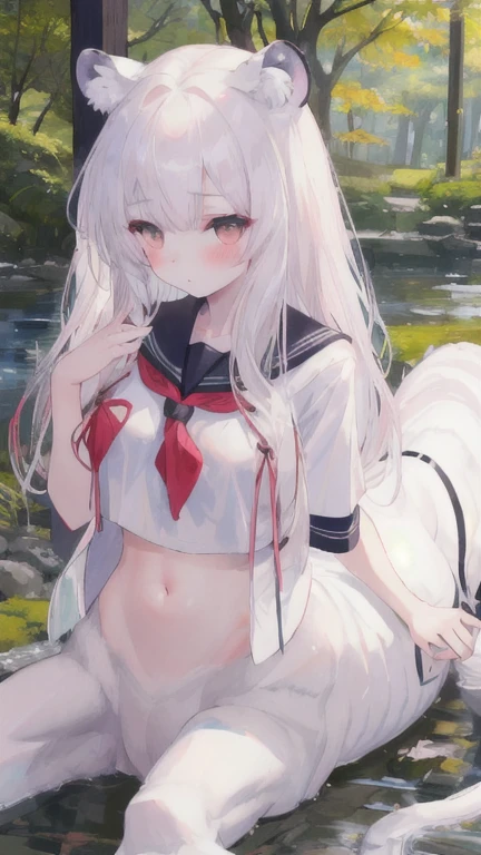 (best quality, masterpiece), 1 girl, centaur, I beg, White skin, Japanese schoolgirl,daughter,black pink, exposing the abdomen, belly button t-shirt , Curious, beautiful girl perfect, White tiger photo, 완벽한 White tiger photo