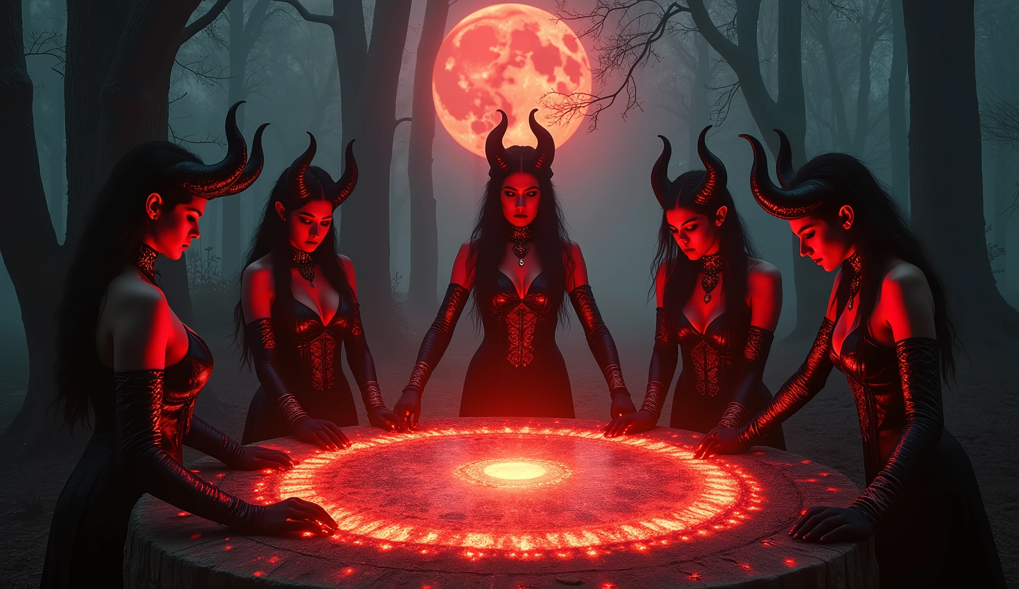 Seductive Demon Coven: A group of beautiful and dangerous female demons gathered around a glowing, enchanted circle in the dead of night. Each demoness, dressed in a mix of dark leather and mystical jewelry, moves gracefully as they perform a forbidden dance. Their eyes burn with a mixture of passion and malevolence as they summon ancient powers under the blood-red moon.