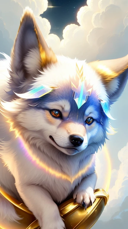 god々Cute little wolf animal、Iridescent aura,Looking into the camera、Look at this、Background gold、Floating in the clouds
