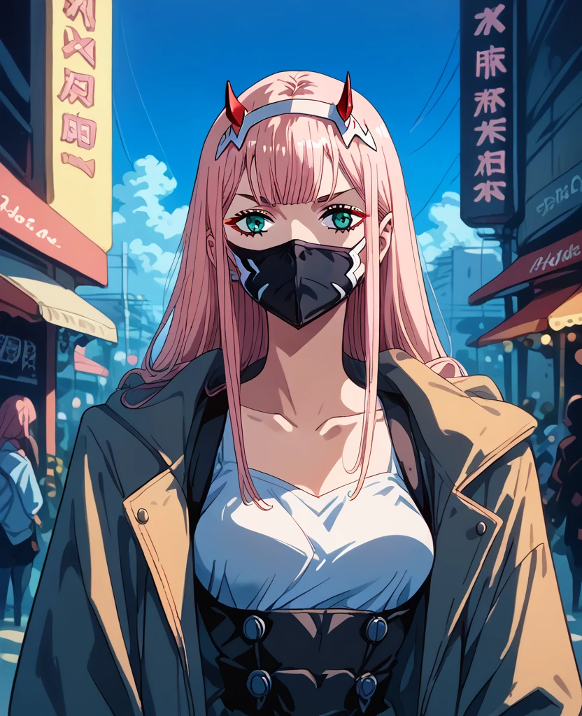 zero-two / Darling in the Franxx ] is wearing a mask, loish |, by Kamisaka Sekka, loish art style, a beautiful art illustration, digital art in pixiv, anime illustration, colorful illustration, supernatural art style, strange and dark art style, trend anime art, digital anime illustration, tumblr, by Yanagawa Nobusada