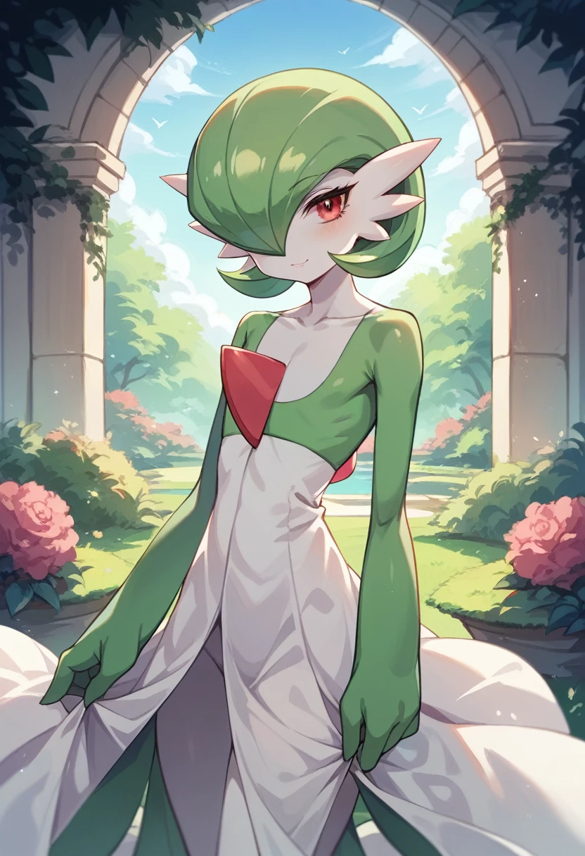 Pokemon、Gardevoir、Highest quality、Highest quality、Green Hair、Flat Chest、beautiful、garden、Cinematic、Sharp eyes、