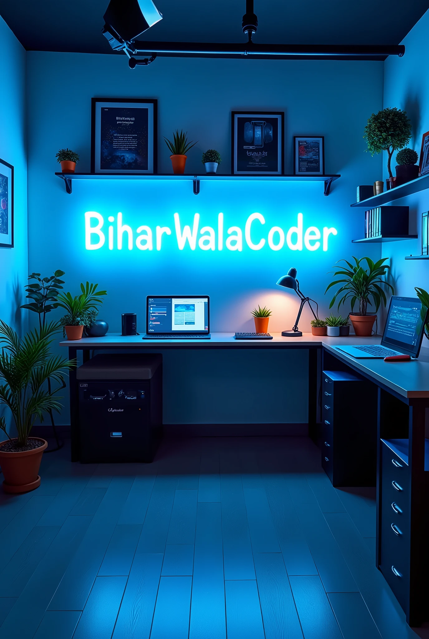 Create a YouTube studio background with computer and with a modern and sleek design. In the center of the background, display the name 'BiharWalaCoder' in bright neon lights with correct spelling. The neon lights should be in a vibrant color, such as electric blue or neon pink. Surround the neon text with subtle, complementary lighting and decor that enhances the studio aesthetic. The overall ambiance should be stylish, professional, and inviting, perfect for a YouTube content creator's studio